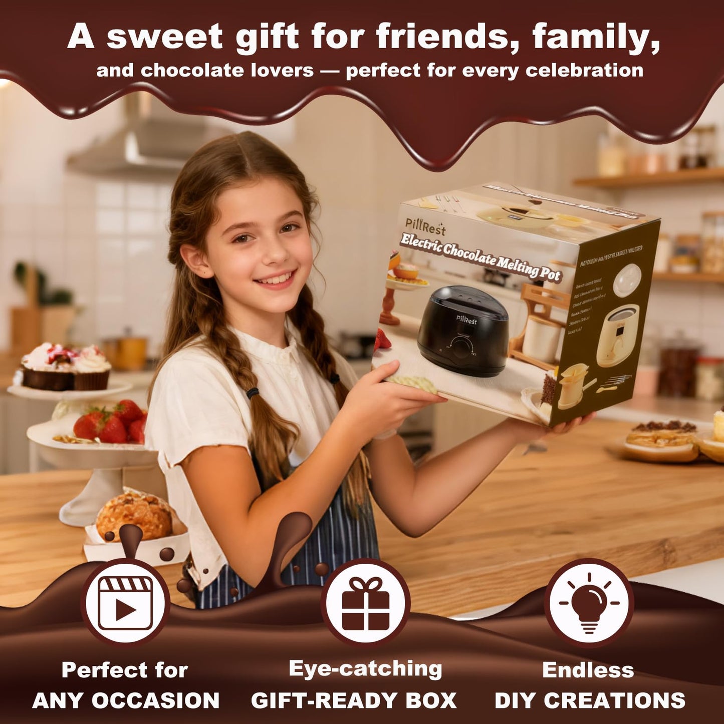 Chocolate Melting Pot, Electric Candy Melter with 2 Silicone Bowls, 17.6 OZ (500 ml) Fondue Pot Set & Chocolate Warmer Set for Dipping Cheese, Candy, Cake Pop, Home Fondue Parties Essential Supplies