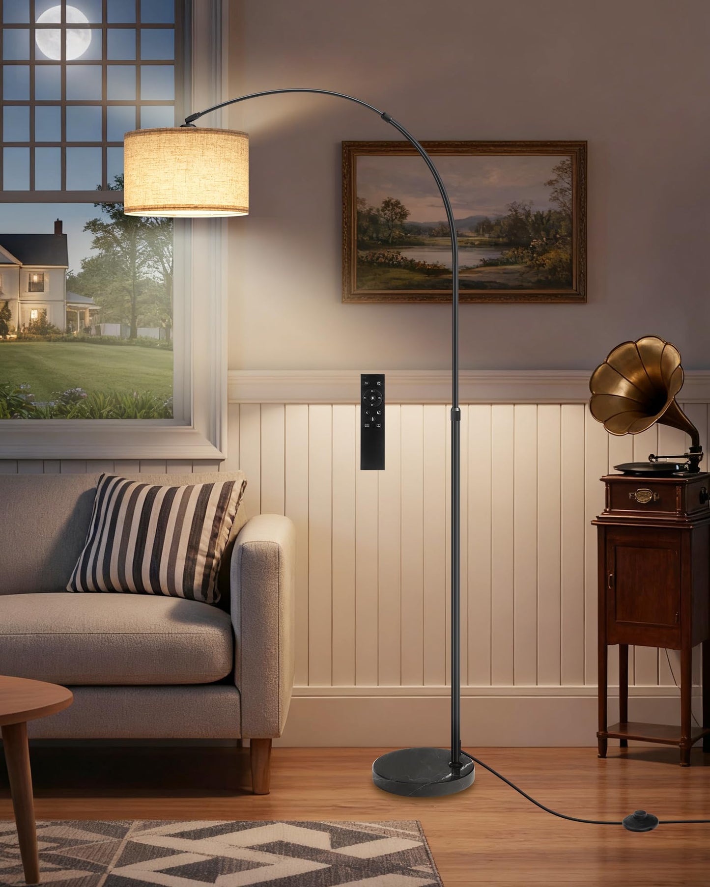 75" Arc Floor Lamp with Marble Base and Adjustable Height, Rotating Hanging Shade, Dimmable Floor Lamp for Living Room with Remote and Foot Switch, 3CCT, Over Couch Arched Reading Light E15LD05