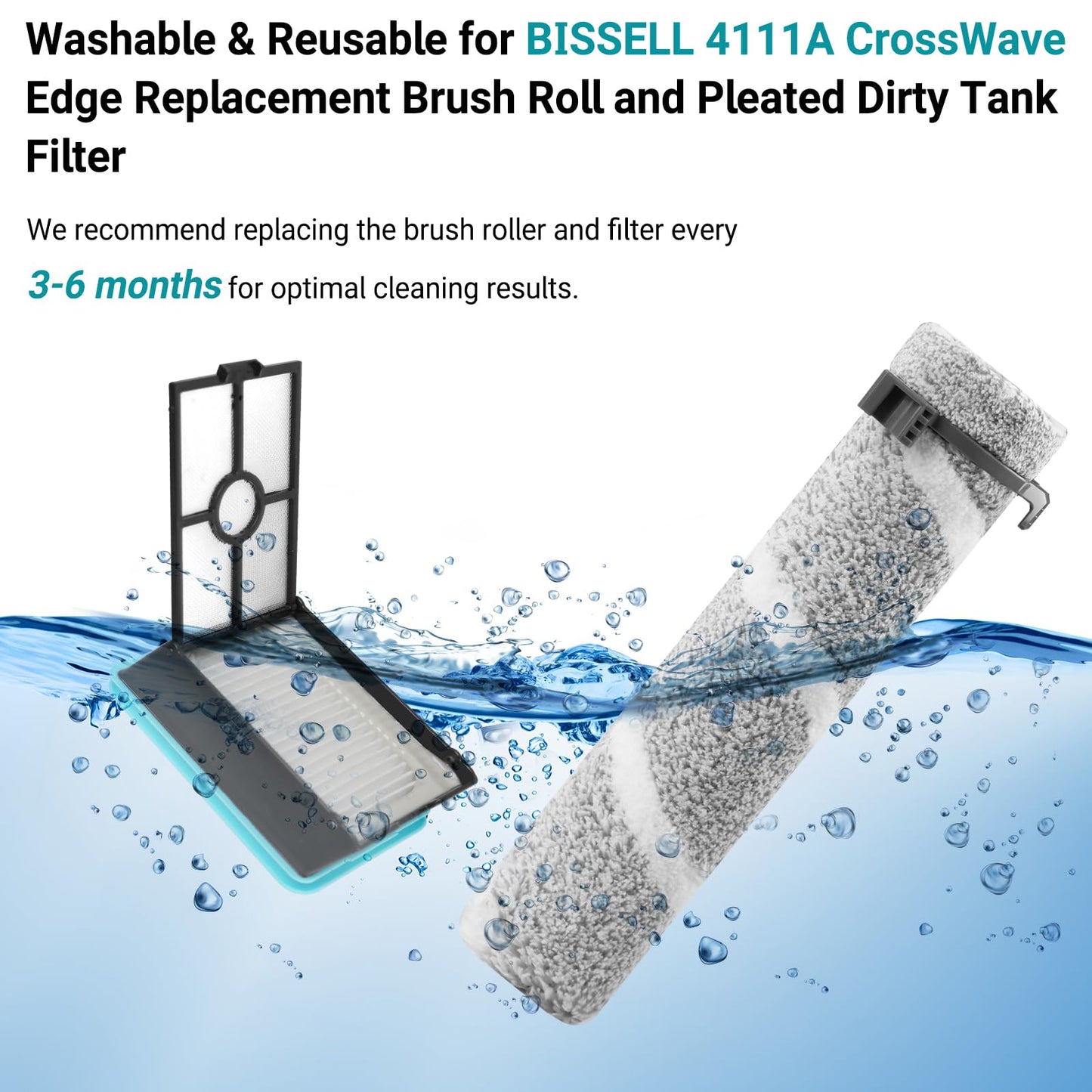 RONGJU 4111A Replacement Brushes and Filters for Bissell CrossWave Edge, Multi-Surface Hard Floor Cleaner Wet Dry Vacuum with Zero-Gap Edge Technology, 3 Pack Brushes and 3 Pack Filters