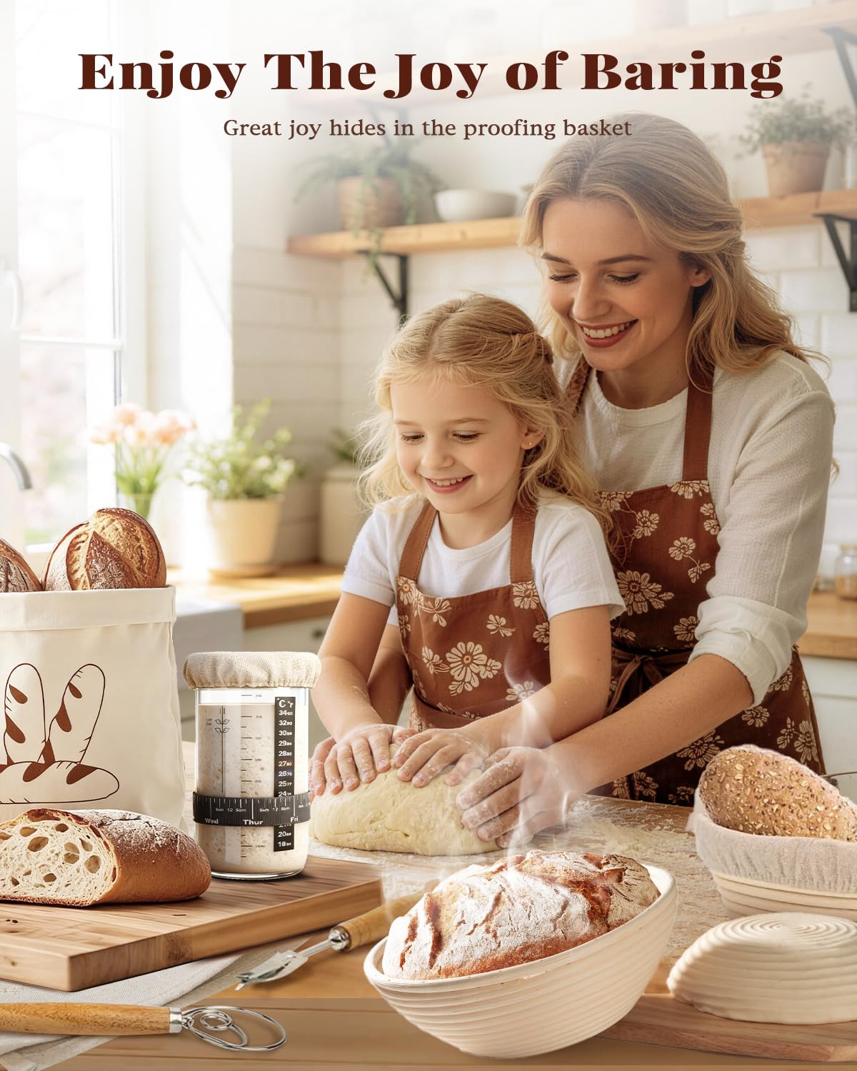 TAOMAND Complete Sourdough Starter Kit for Beginners & Manual | Sourdough Bread Baking Supplies with Round & Oval Banneton Bread Proofing Basket, Bread Sling, Starter Jar, Dough Whisk, Scrapers & Bag