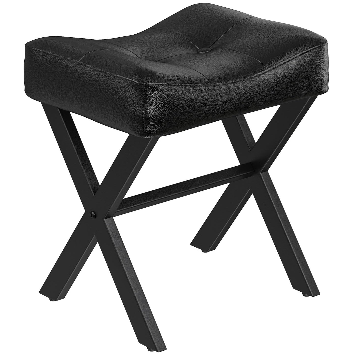 Memobarco 18-Inch Leather Vanity Stool Chair, Vanity Bench with Metal X-Leg, Ottoman Accent Stool with Thick Padded Saddle Seat, Black