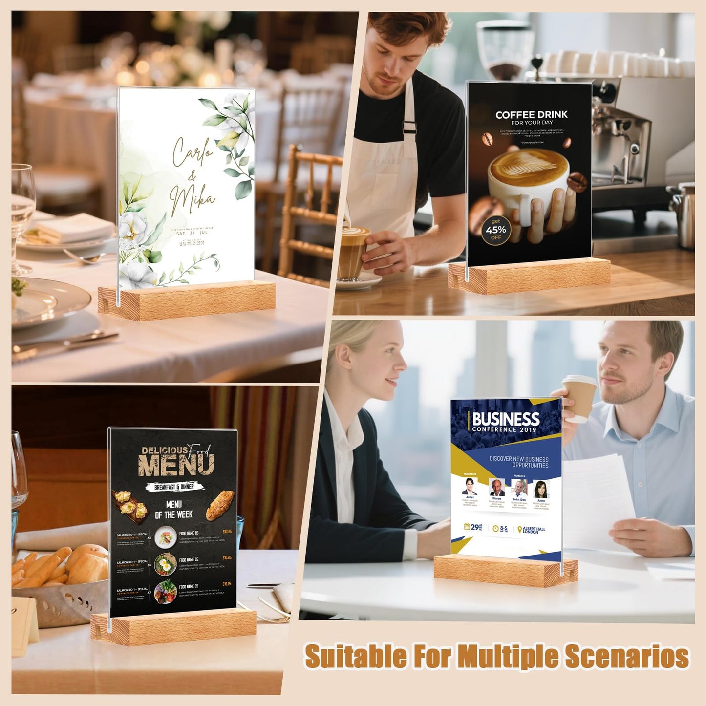 EthPul 16 Pack 5x7 Acrylic Sign Holder with Wood Base Vertical and Slant Displays, Clear Plastic Flyer Display Stand, Paper photo Table Menu Sign Frame Suitable for Restaurants, Office, Store, Hotels