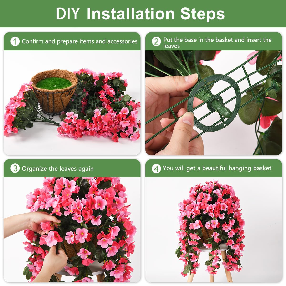 INQCMY Artificial Hanging Flowers Basket for Outdoors Spring Summer Decoration,Faux Silk Begonia in Planter Look Real UV Resistant for Outside Home Porch Patio Garden Balcony Yard Decor(Deep Pink)