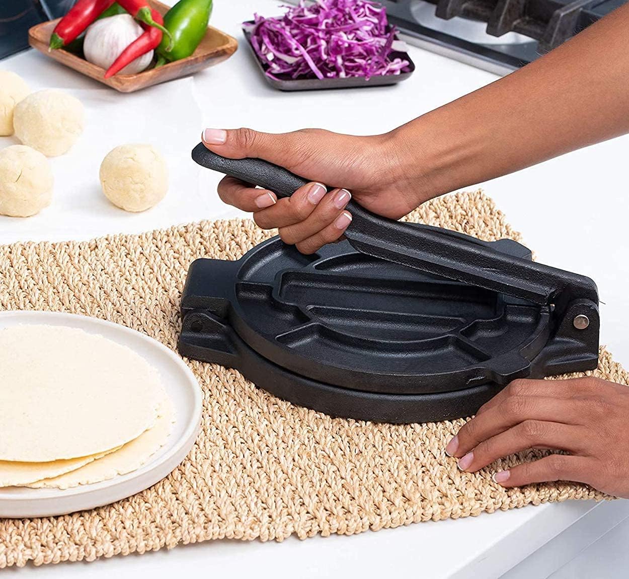 Cast Iron Tortilla Press 10 inch, Heavy Duty Tortilla Pataconera, Flour Tortilla Press with Foldable Handle, Taco press with Some Parchment Paper, Roti Maker, Black