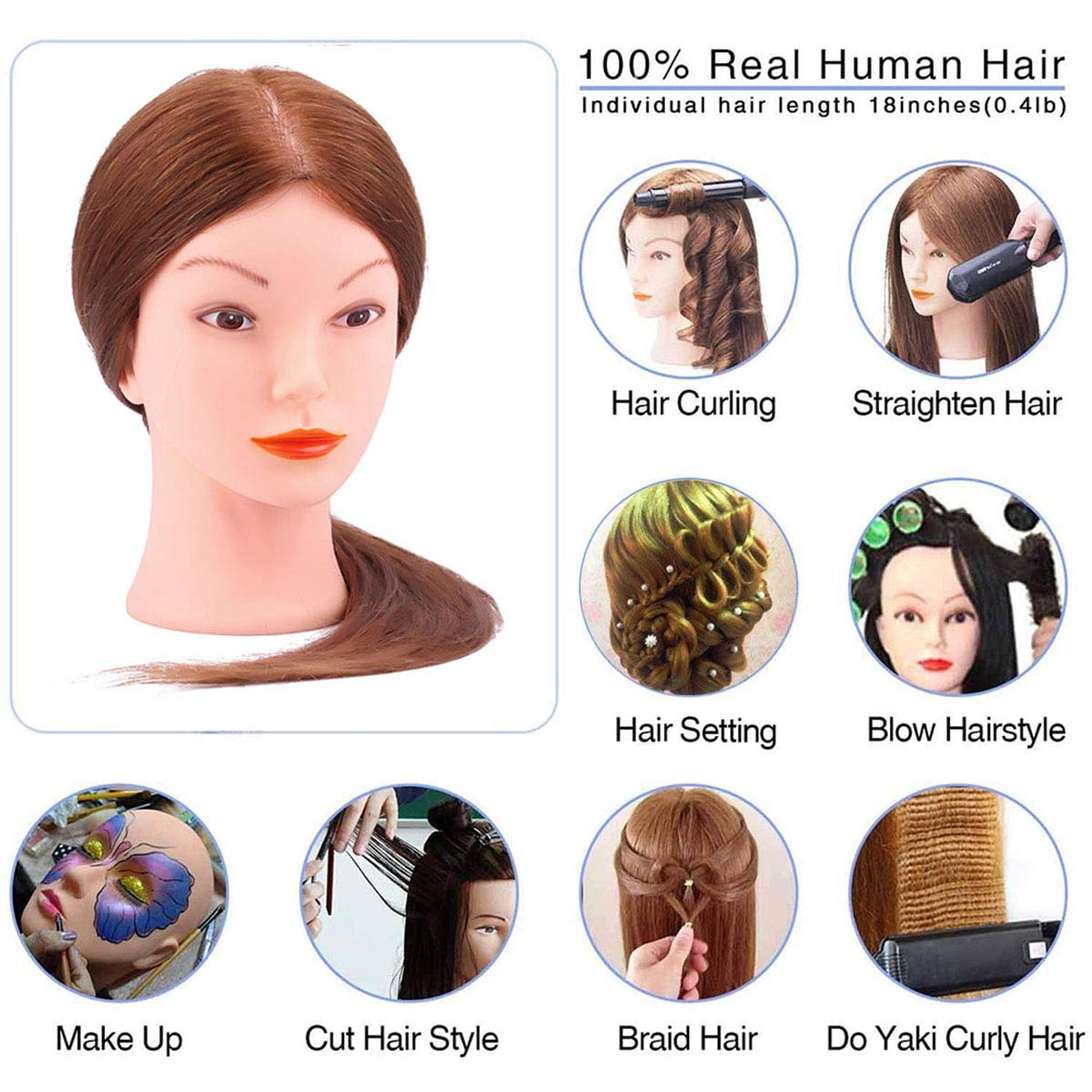 Mannequin Head with 100% Human Hair, TopDirect 18" Dark Brown Real Hair Cosmetology Mannequin Head Hair Styling Hairdressing Practice Training Doll Head with Clamp Holder and Tools