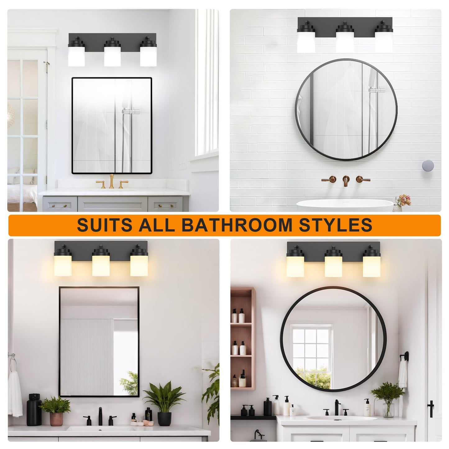 IZORRO Bathroom Vanity Light Fixture, 3-Light 22 Inch Matte Black Bathroom Light Fixtures Over Mirror, with White Glass Shade, Modern Farmhouse Vanity Lights, Rustic Restroom Lighting Fixtures