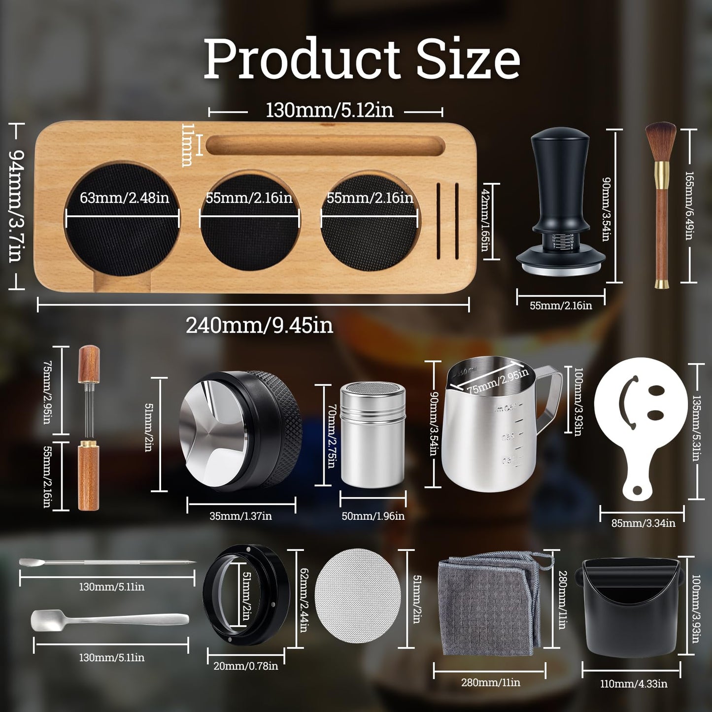 29PCS Espresso Accessories Kit,51mm Espresso Tamper Tools,Includes Wood Station,Distributor,Knock Box,Stirrer,Dosing Funnel,Brush,Puck Screen,Frothing Pitcher,Powder Ring,Towel,Decorative Stencils
