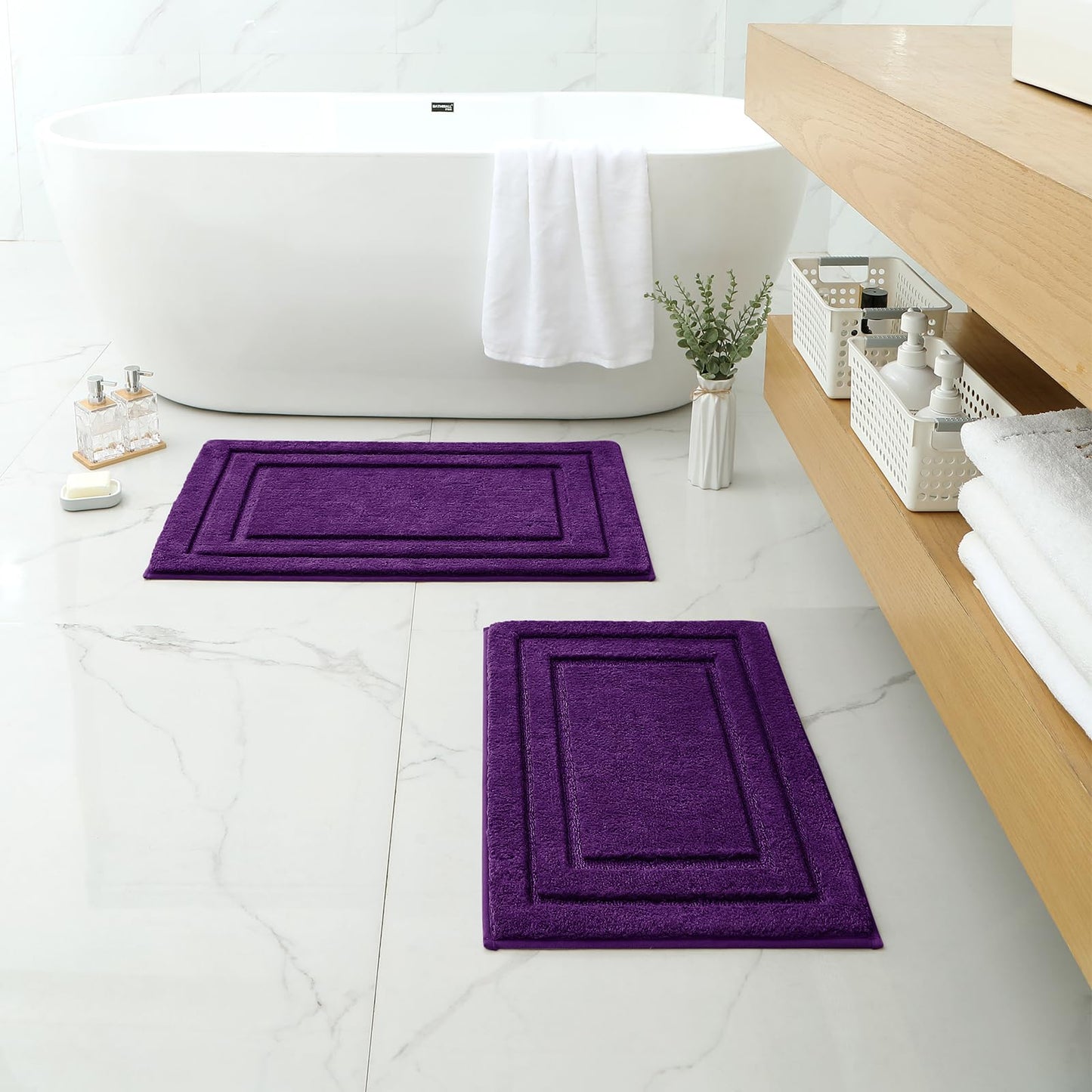 HOMEIDEAS Purple Bathroom Rugs Sets, 2 Piece Super Soft and Absorbent Non Slip Microfiber Machine Washable Bath Mats for Purple Bathroom Decor, 20" x 32" + 16" x 24"