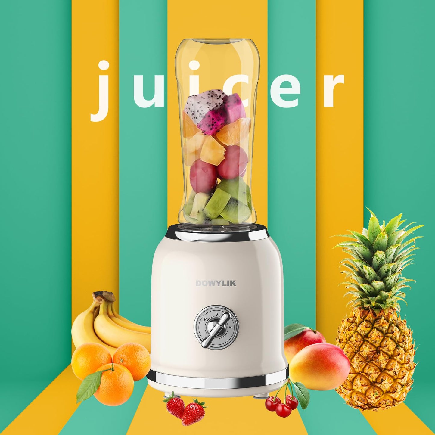 DOWYLIK Personal Retro Protein Drink Blender, 3 Speed Small Blender for Smoothies, Maker with 6-Edge Blade and 2 * 20oz BPA Free Travel Cups