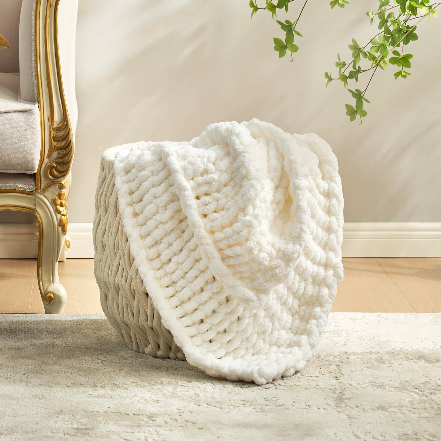 Amélie Home Chunky Knit Throw Blanket for Couch, Soft Chenille Handmade Crochet Throw Rope Knot Blanket for Children, 40"x50", Ivory