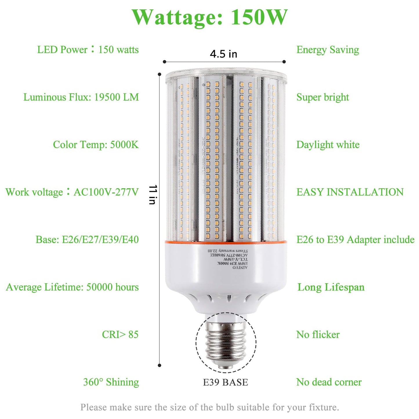 150W Led Corn Light Bulb,E39/E40 mogul Base,5000k,110 to 277V,19500 lm,CFL HID 400W Metal Halide Replacement For Industrial High bay lighting High Ceilings,Parking lot,Warehouse,Factories(2-Pack)