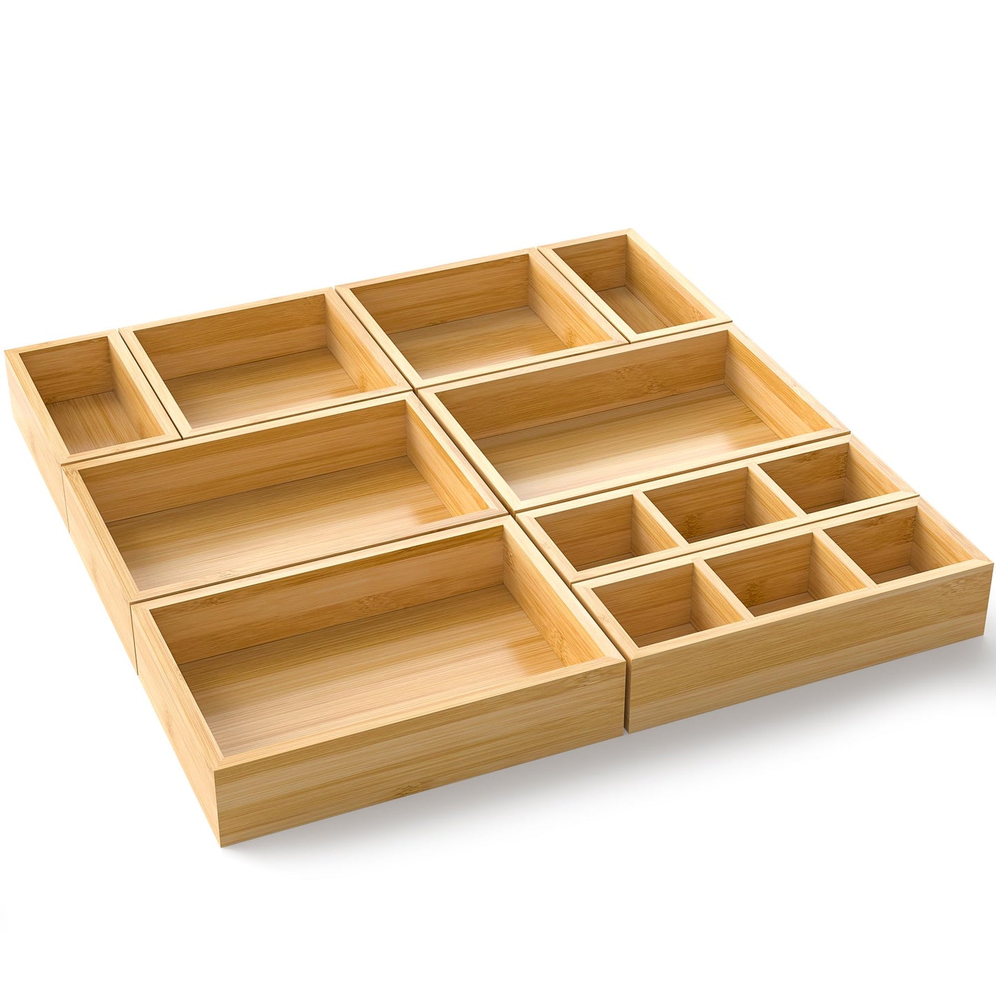 Bamboo Drawer Organizer, Set of 9 Wood Kitchen Junk Tea Desk Office Tray, Wooden Storage Boxes Organizers for Bathroom, Office (2" H 9 Boxes)