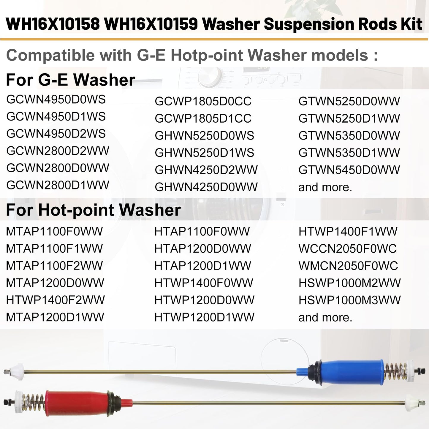 WH16X10158 WH16X10159 4PCS Washer Suspension Rod Set Compatible with G-E Hot-point Washer Replace PS3654190 AP5632455 PS3654191 2754602 GTWN2800D2WW HSWP1000M4WW