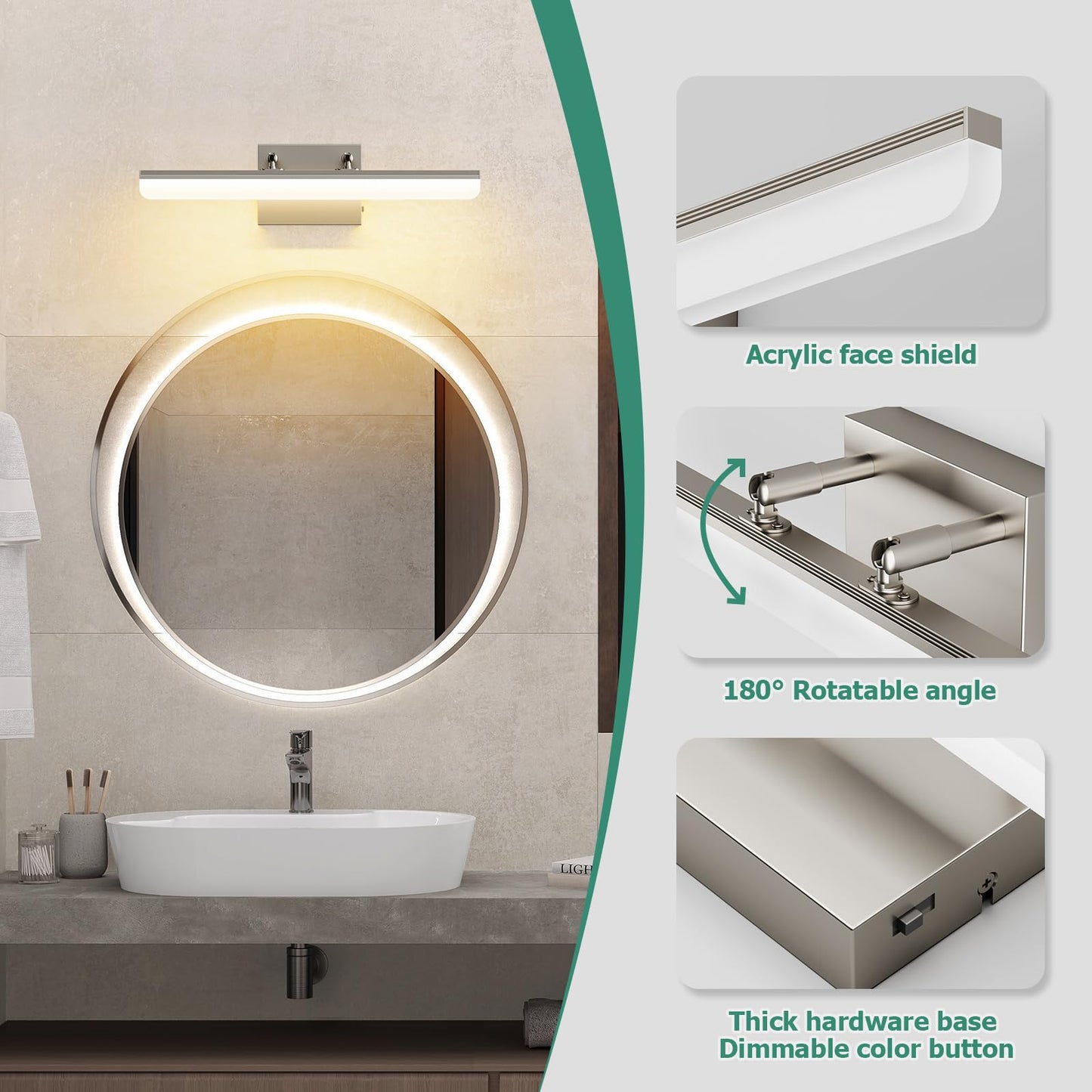 KELIDEN Brushed Nickel Vanity Light, 15.7” Dimmable LED Bathroom Light Bar with 5CCT, Adjustable Angle – Modern Wall Lighting for Bathroom, Powder Room, Bedroom, Apartment, Hotel