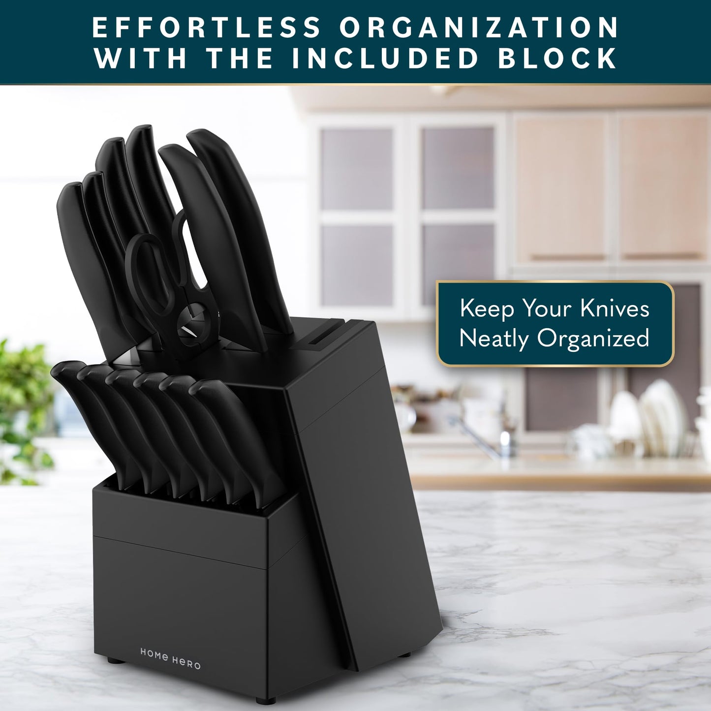 Home Hero Kitchen Knife Set - 15 PCS Black Knife Set with Block and Sharpener - Stainless Steel Knife Set - Ergonomic Handles - Includes Steak Knives Set of 6 - Knife Block Set for Kitchen