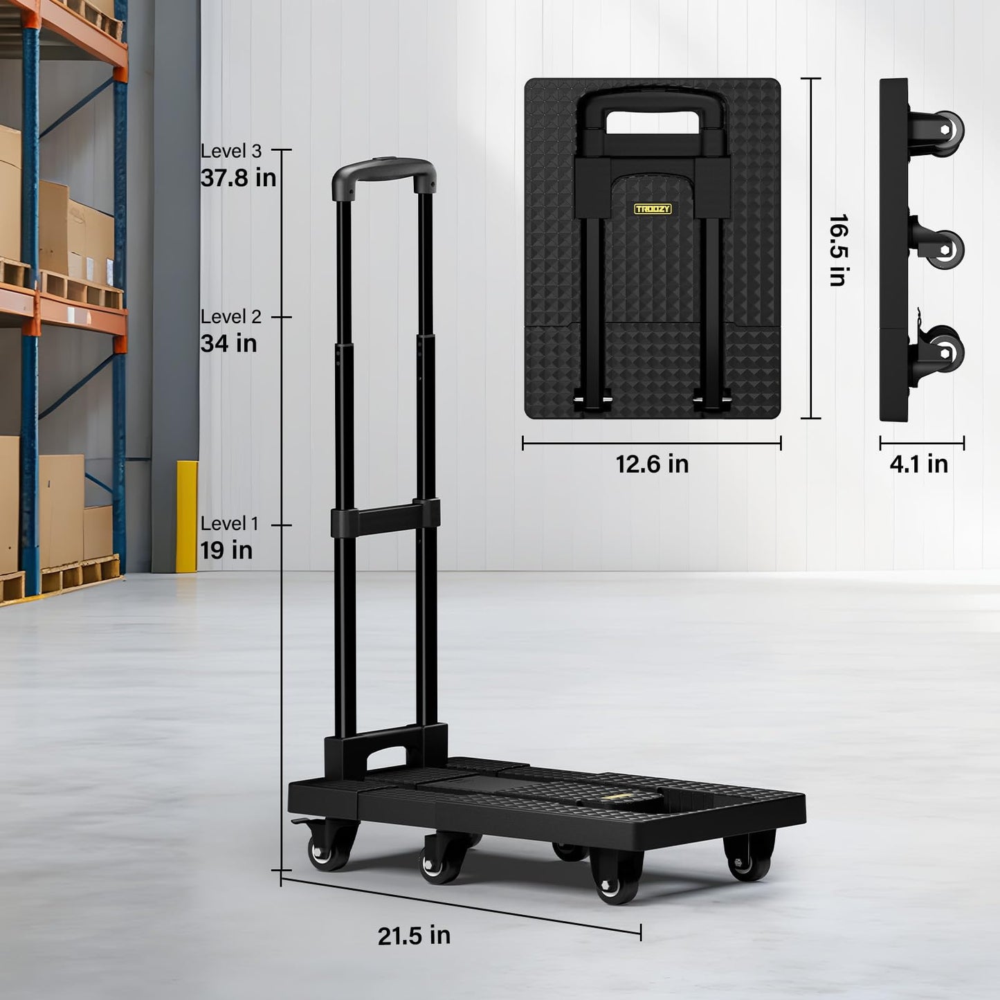 TROOZY Dolly Cart with 6 Wheels 440lbs, Folding Hand Truck with Upright Lock and 2 Elastic Straps, Extendable Heavy Duty Utility Cart for Luggage, Airport, Office & Dorm, Carrito de Carga