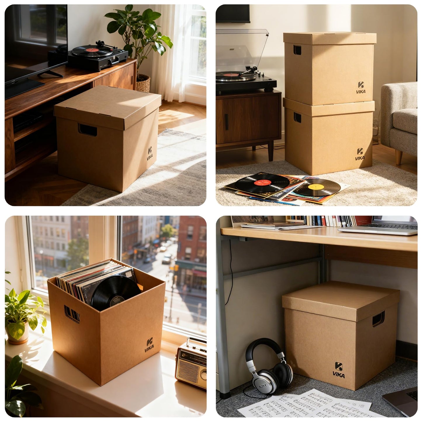 Vinyl Record Storage Box & Moving Box – Sturdy Cardboard with Removable Lids and Handles, Holds 60 Records/Laser Discs Each - Set of 4 Boxes (Kraft)