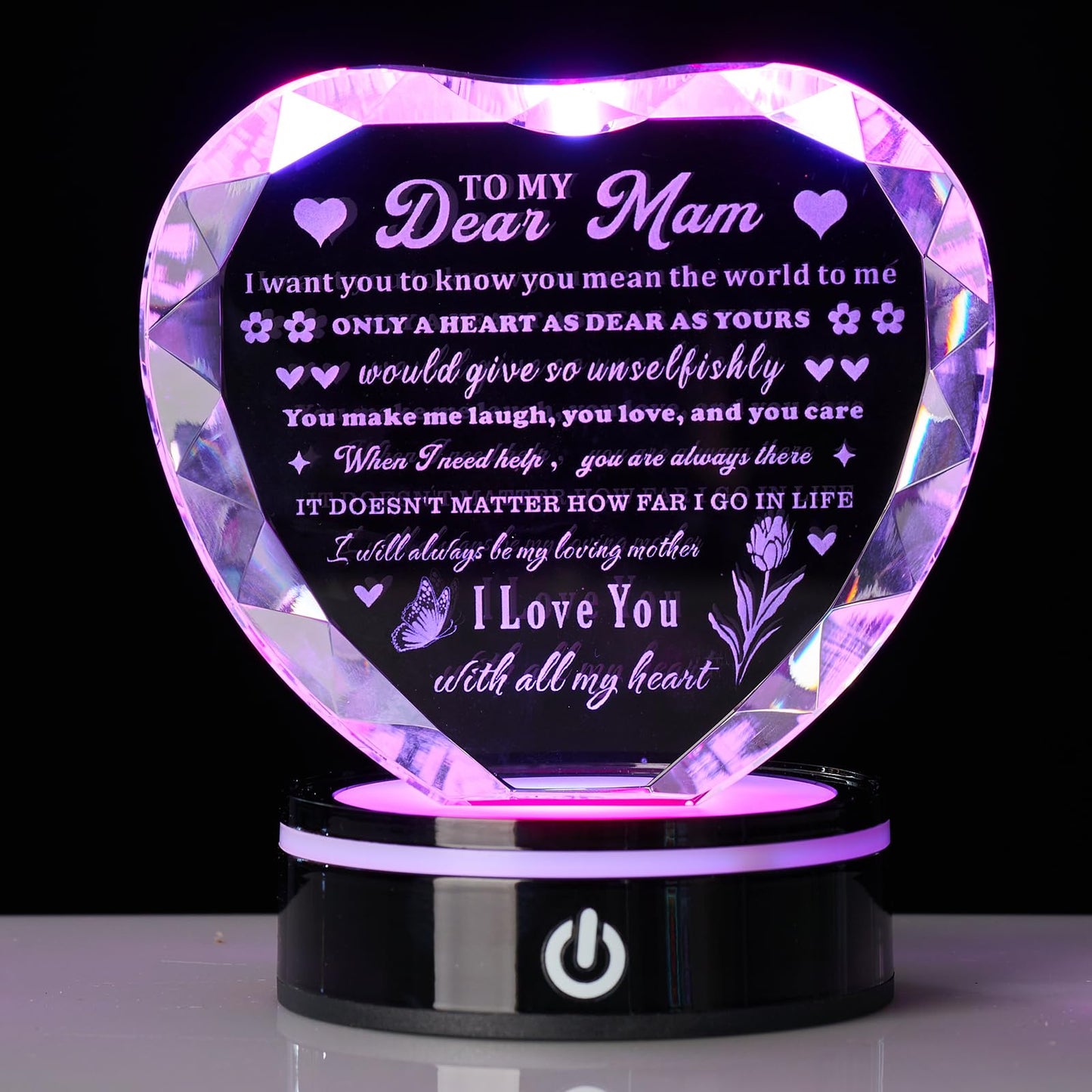 XLSJGYP Crystal Heart Birthday Gifts Ideas for Mother from Son Daughter Moms Mother's Day Mothers Day Gifts for Mom Romantic Best Unique Keepsakes Presents with Colorful LED Base Gift (Mom Gifts)
