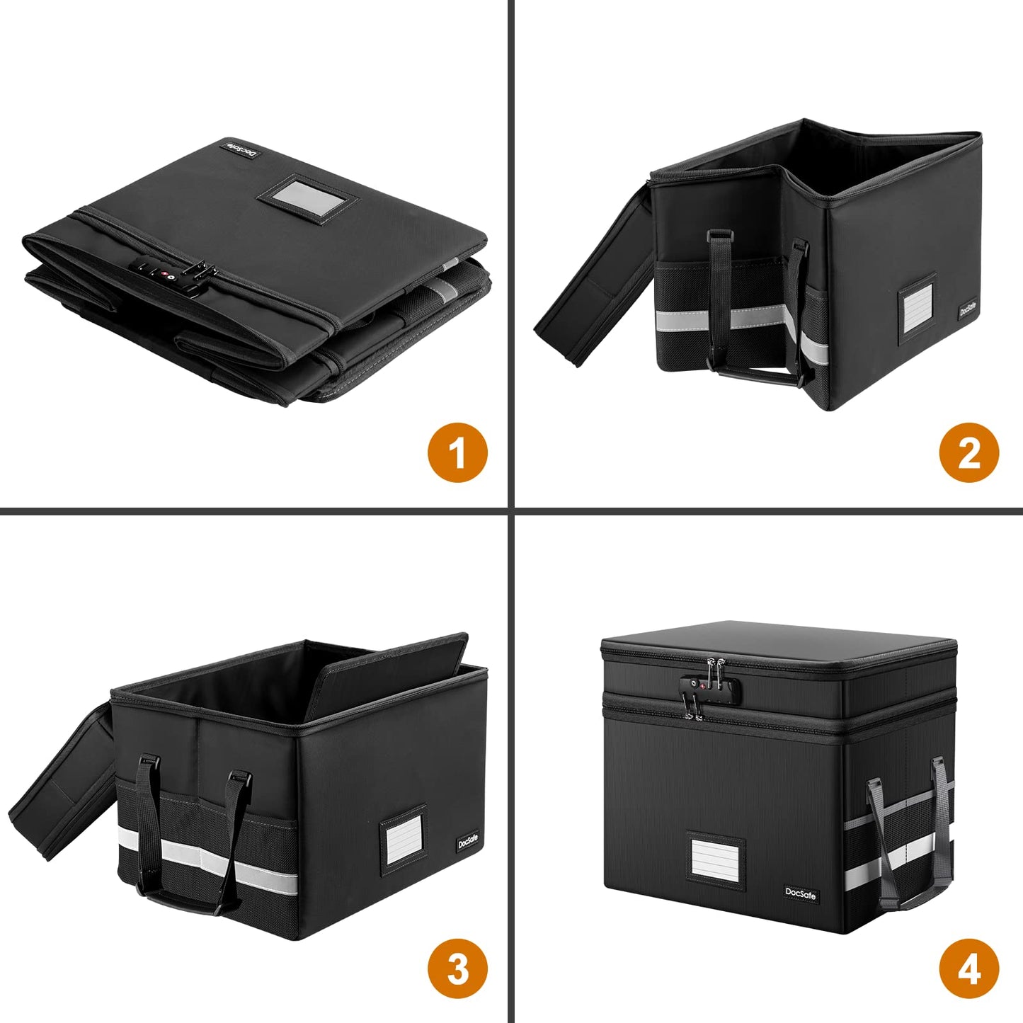 DocSafe File Box with Lock,Multi-Layer Fireproof Document Box Collapsible File Storage Organizer with Pockets/Handle,Large Portable Home Office Filing Safe for Hanging Letter/Legal Size Folders,Black