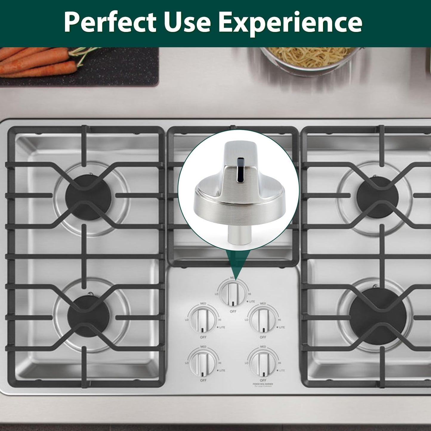 WB03X29300 Cooktop Knobs Replacement Parts for GE Gas Stove JGP3030SLSS 30 Inch Range Stainless Steel JGP3036SL1SS 36 Inch Oven Control Stove Top KIP 5T06 Metal Surface Burner Knobs 5 Pcs