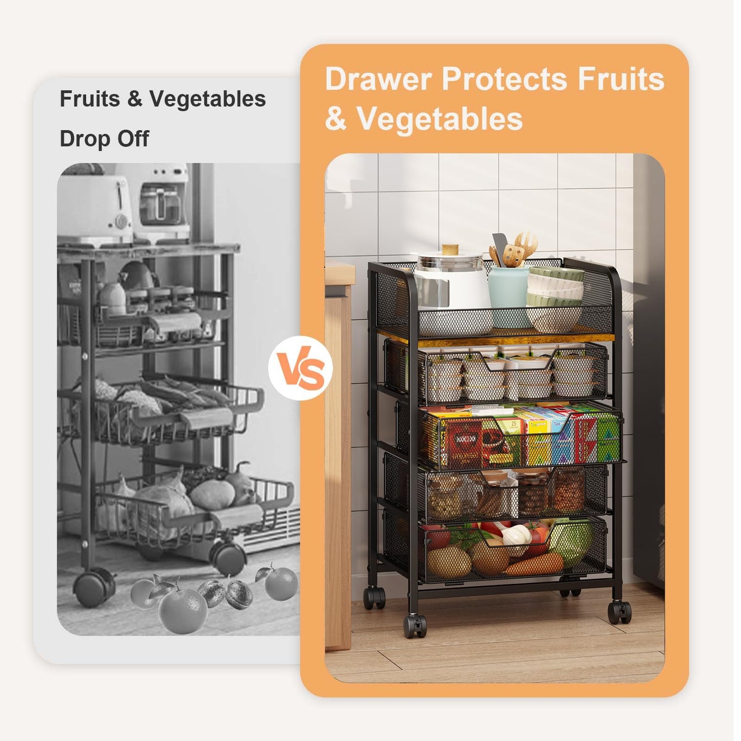 LUMAMU 5-Tier Rolling Kitchen Cart with Drawers - Kitchen Storage Cart on Wheels,Pantry Snack Cart,Fruit and Vegetable Storage Cart with Wood Top,Rolling Utility Cart for Potato and Onion Storage