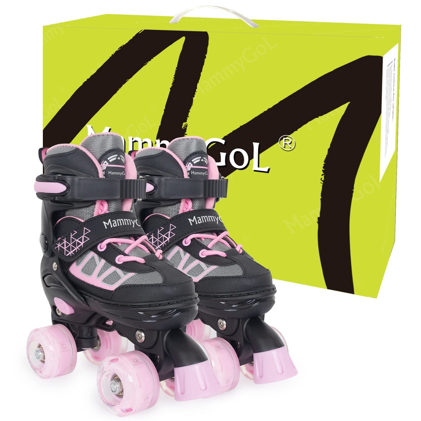 MammyGol Roller Skates for Kids Boys Girls, Adjustable Quad Skates with Light Up Wheels for Toddler Little Kids Ages 6-12 Size 13C 1 2, Beginners Outdoor Sports, Pink