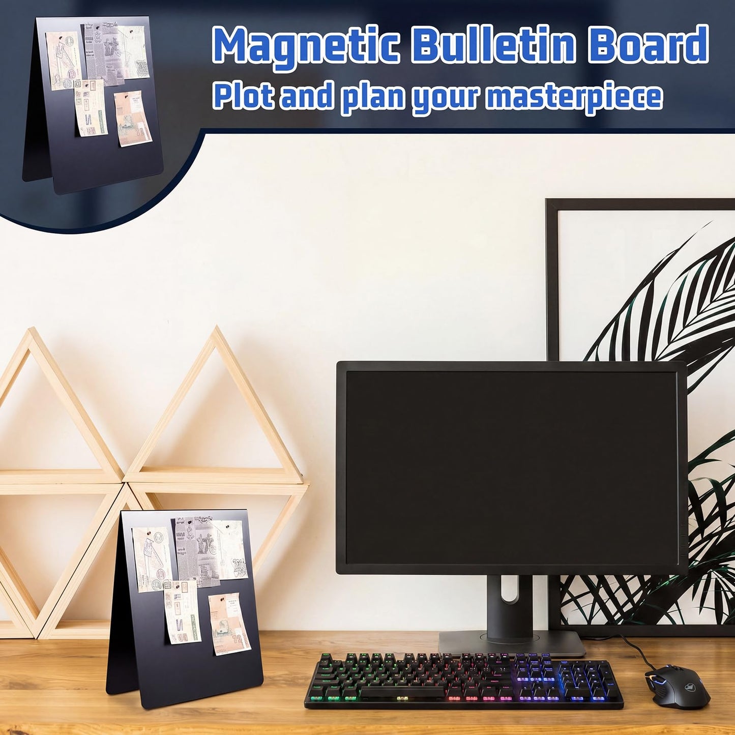 Leinuosen 2 Pcs 12 x 10 Inch Magnetic Bulletin Board Metal Magnet Board Magnet Display Stand for Tabletop Desktop Home Kitchen Office Decor (Black)