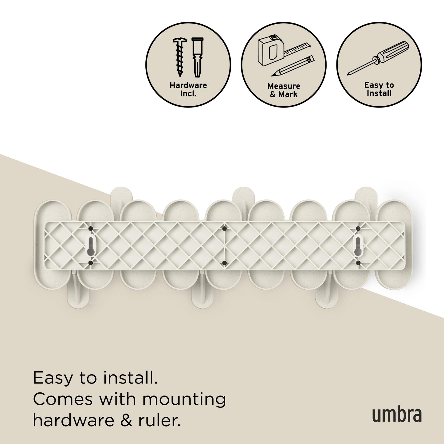 Umbra Tempo Wall Hook – Modern 6-Hook Coat & Towel Rack, Recycled ABS & Wood Fiber, Sand (Beige), Easy Mount Entryway Organizer