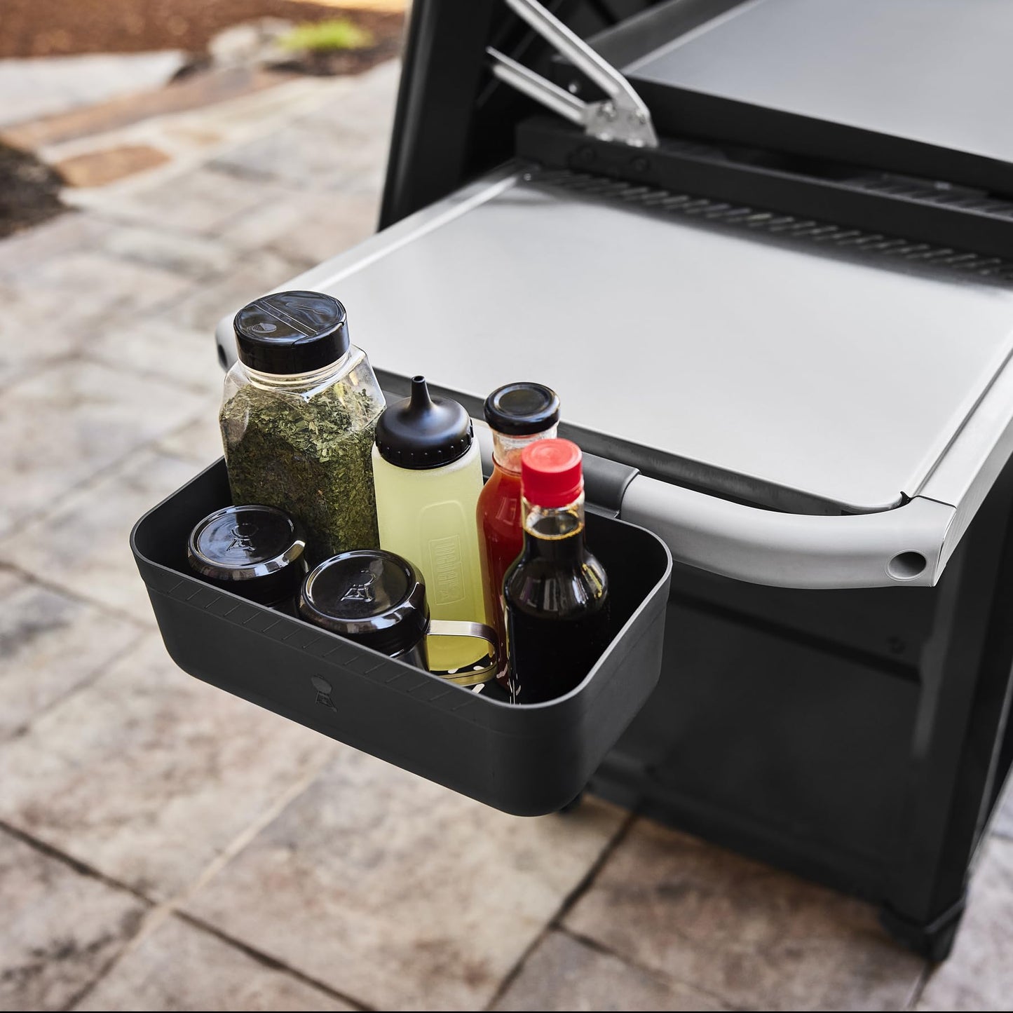 Weber Works Condiment Caddy – Rail‑Mounted Grill Organizer for BBQ Sauce Bottles, Seasoning Shakers & Outdoor Grilling Accessories – Snap‑On Storage for Weber Griddles & Grill Prep Systems