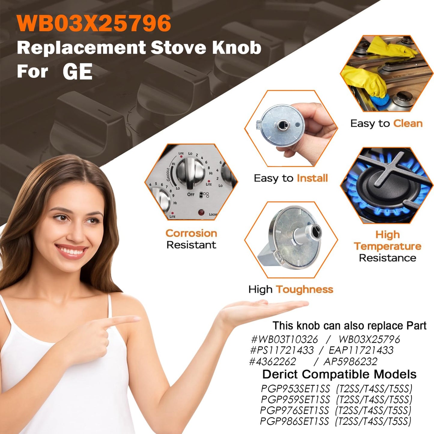 (5Pcs) WB03X25796 / WB03T10326 Gas Stove Knobs Replacements for GE Profile Range Surface Burner Knob PGP953SET1SS, PGP959SET4SS Cooktop Knob Replace for GE Part Number PS11721433, AP5986232