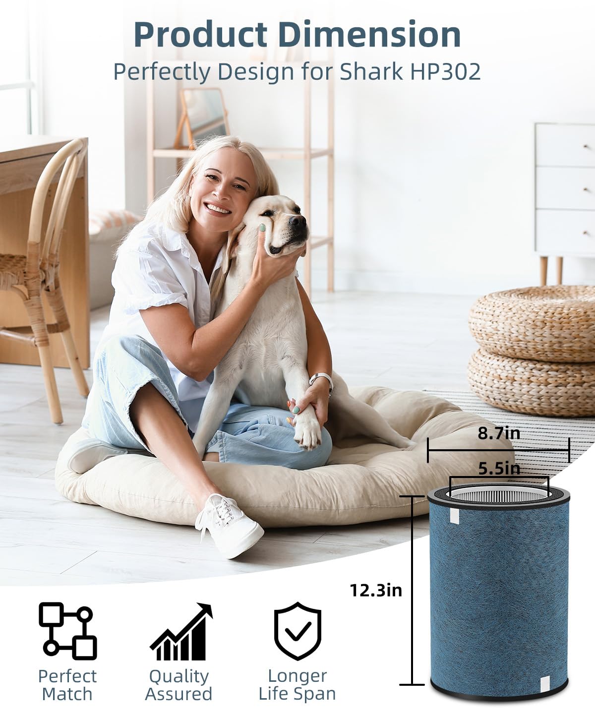 HP302 Replacement Filter Compatible with Shark HP301 HP302 NeverChange Air Purifier, HP300 Series, HP200 Series (HP201, HP202, HP232) & HC501 HC502 Air Purifiers, Part# HE3FKPET, HE2FKBASMB,1 Pack