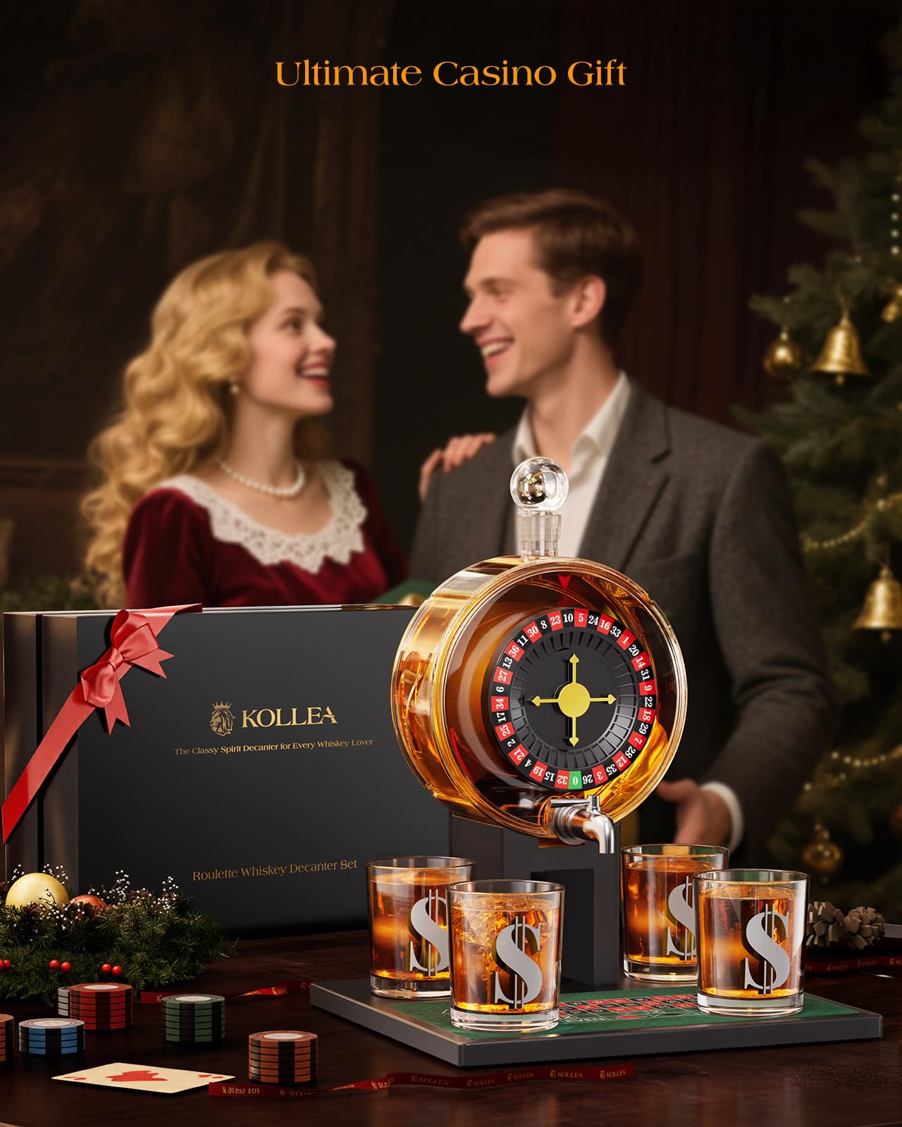 Kollea Roulette Whiskey Decanter Set, 60.9 Oz Casino-Style Slot Decanter with 4 Dollar Glasses, New Year Birthday Gifts for Men Dad, Him, Liquor Dispenser for Anniversary, Bar, Poker Night, Men Cave