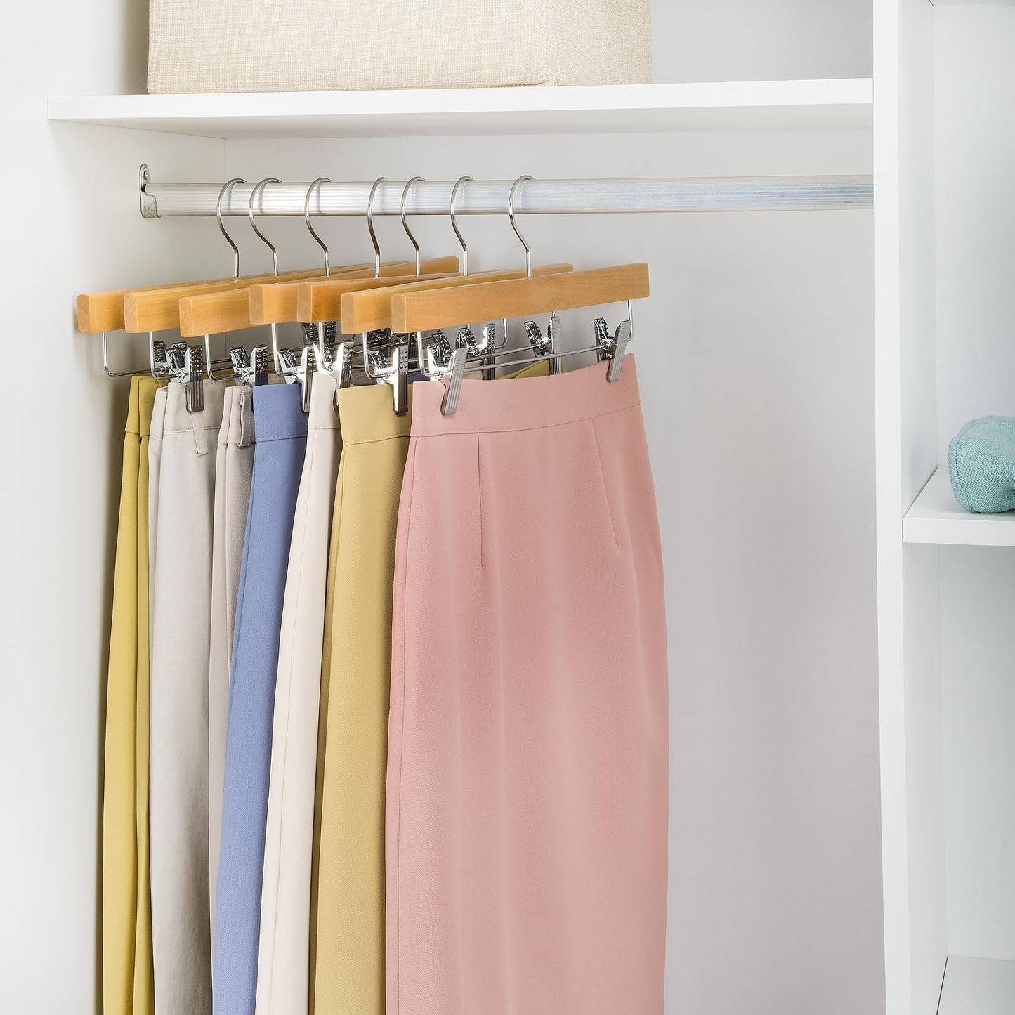 Nature Smile Deluxe Wooden Pants Hangers,Solid Lotus Wood Jeans Skirt Hanger with Clips Anti-Rust Hook Pack of 28(Natural)