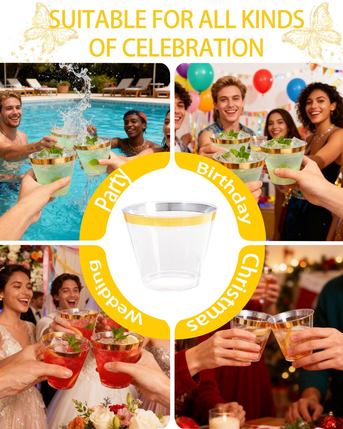 Ciaell 300PCS Gold Plastic Cups - 9Oz Heavy Duty Plastic Cups - Gold Rimmed Disposable Cup - Disposable Clear Wine Cup with Gold Rim for Party & Wedding