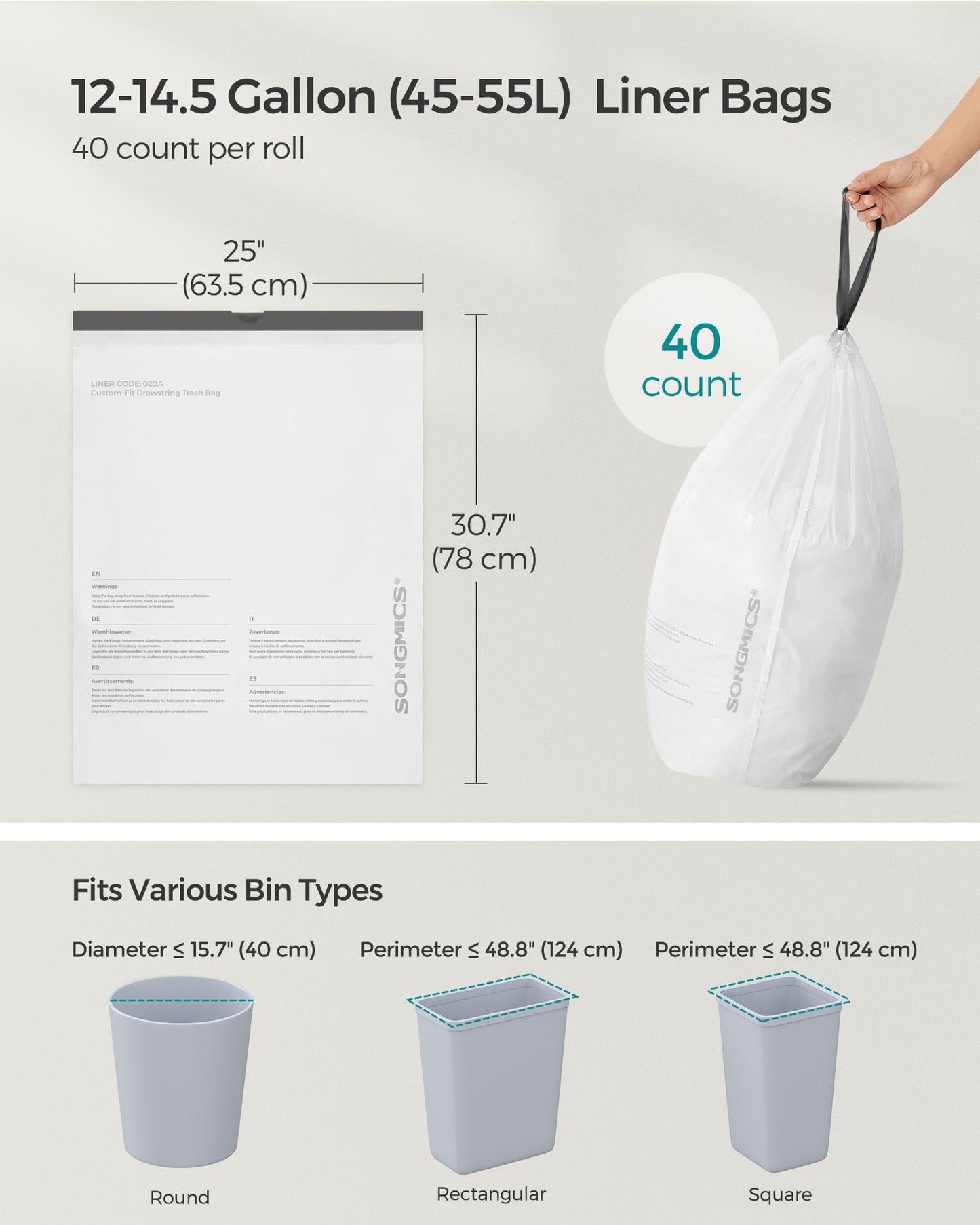 SONGMICS Trash Bags, Drawstring Kitchen Garbage Bags, Pre-Separated, Box-Free Pack, for 12-14.5 Gallon (45-55 L) Trash Cans, Liner Code 055A01, 3 Rolls, 120 Count, White UKRB055A03V1