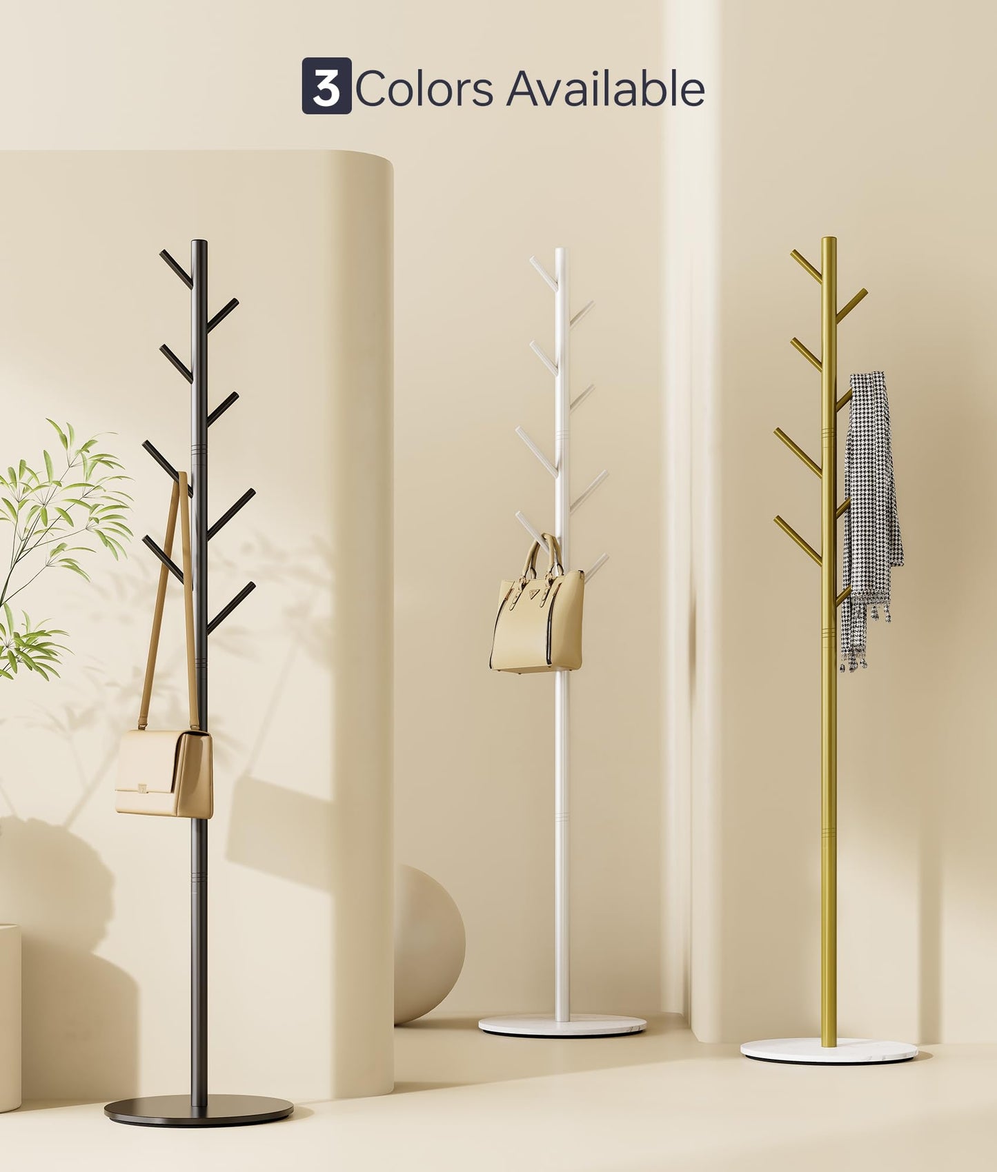 Coat Rack with 8 Hooks, 3 Adjustable Heights, Modern Hall Tree, Sturdy Metal Clothes Stand with Sintered Stone Base for Entryway, Office, Bedroom, for Coats, Hats, Handbags and Scarves, Black