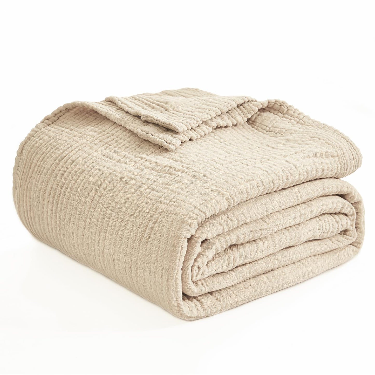EMME Cotton Bed Blanket Twin Size Soft Muslin Boho Bedding Lightweight Breathable Beige Twin Blanket All Season Gauze