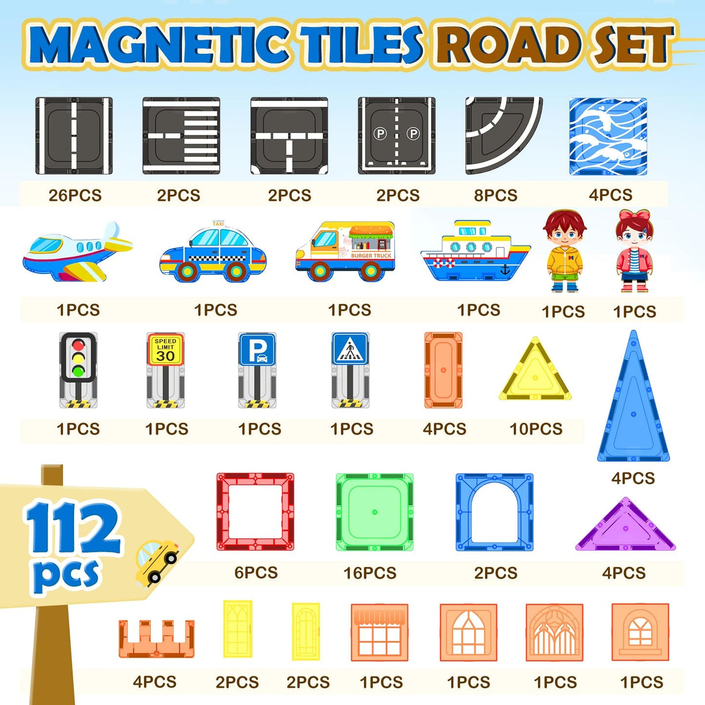 112PCS Magnetic Tiles Road Set with Vibrant Color & Ultra Magnet Strength, City Road Building Blocks Construction Toys for Toddlers Kids Ages 3-12, Creative Gifts STEM Toys for 3+ Years Old Boys Girls