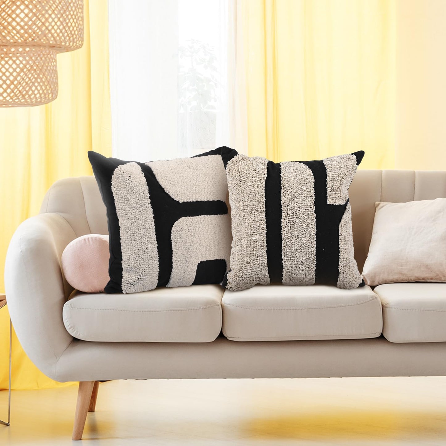 Oudain 2 Pcs Black and White Tufted Pillow Covers Boho Chunky Geometric Decorative Throw Pillow Case 18 x 18 Inches Abstract Pillowcases for Bed Couch(White, Black, Classic Style)