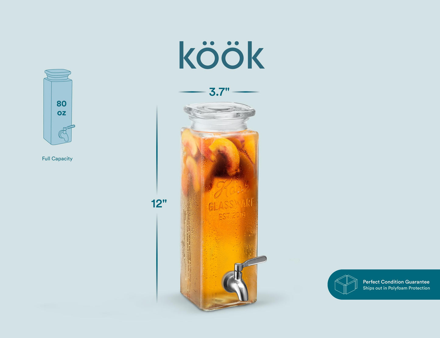 Kook Glass Drink Dispenser, with Leak-Proof Stainless Steel Spigot, Clear Rectangular Mason Jar, Beverage Storage for Fridge, for Water, Iced Tea, Sangria, Lemonade, 80 oz (2)