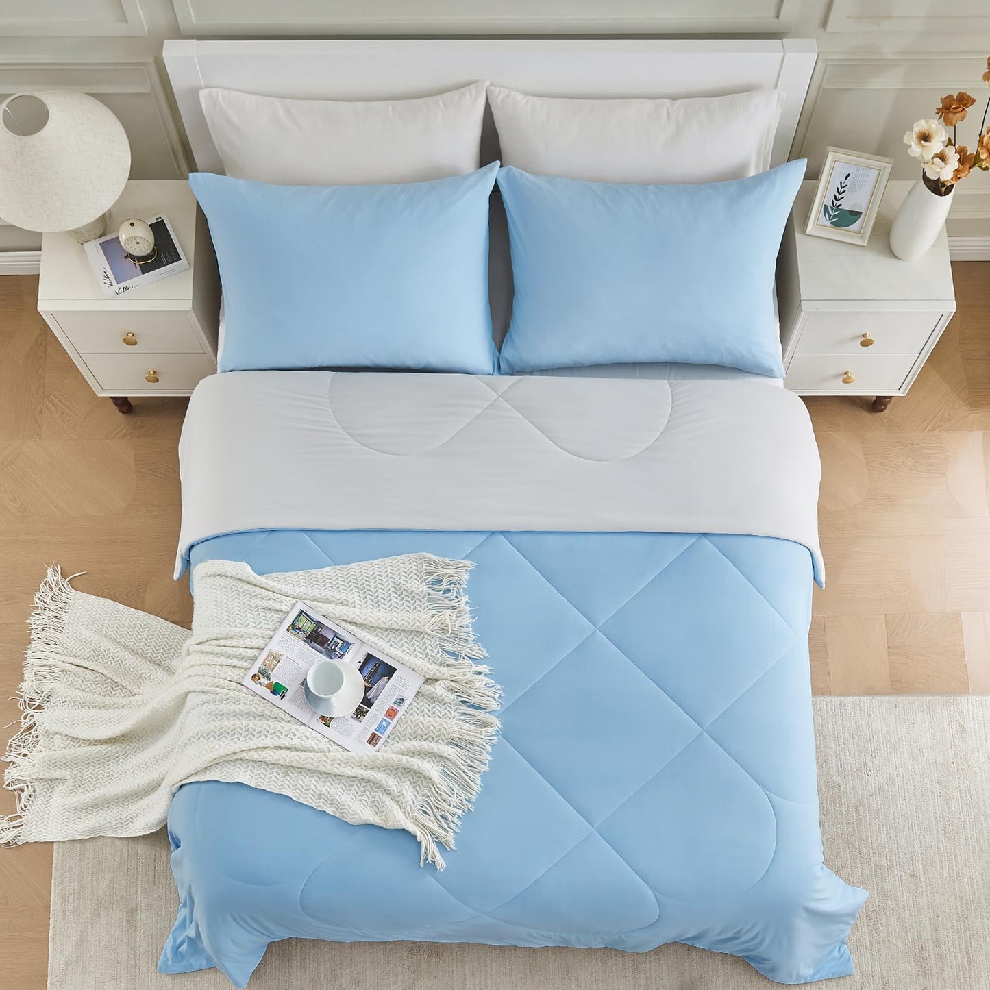 HOMFINE Cooling Comforter Japanese Double-Sided Cold Tech Fabric Cooling Blanket for Night Sweats Hot Sleepers, Q-Max 0.45 Soft Breathable Silky Smooth Lightweight, Blue Summer Comforter Queen
