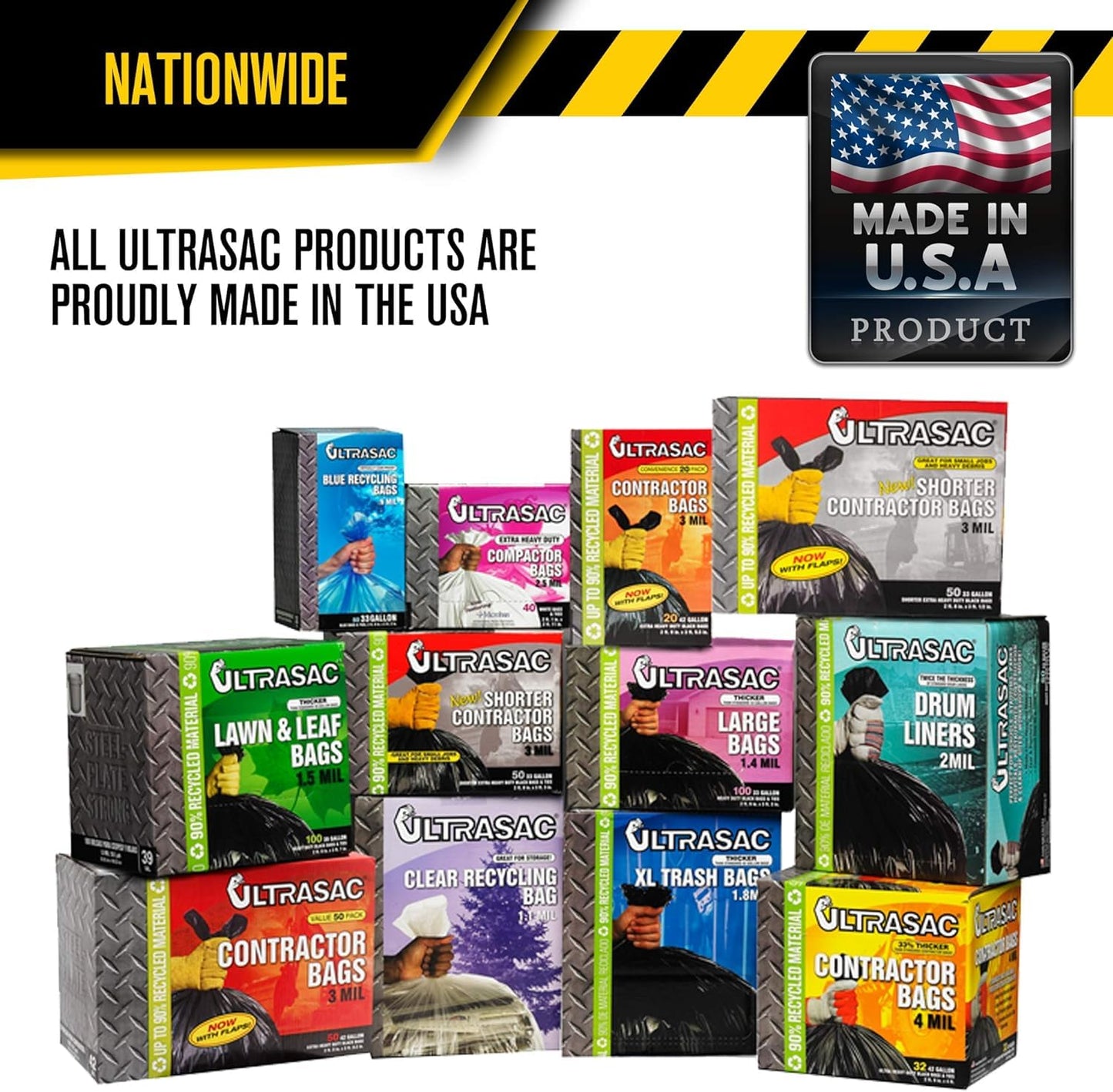 Ultrasac Contractor Trash Bags - (50 Pack/w Ties) - Heavy Duty 3 MIL Thick, 39" x 32", Shorter 33 Gallon Black Version - for Industrial, Commercial, Professional, Construction, Lawn, Leaf, and More