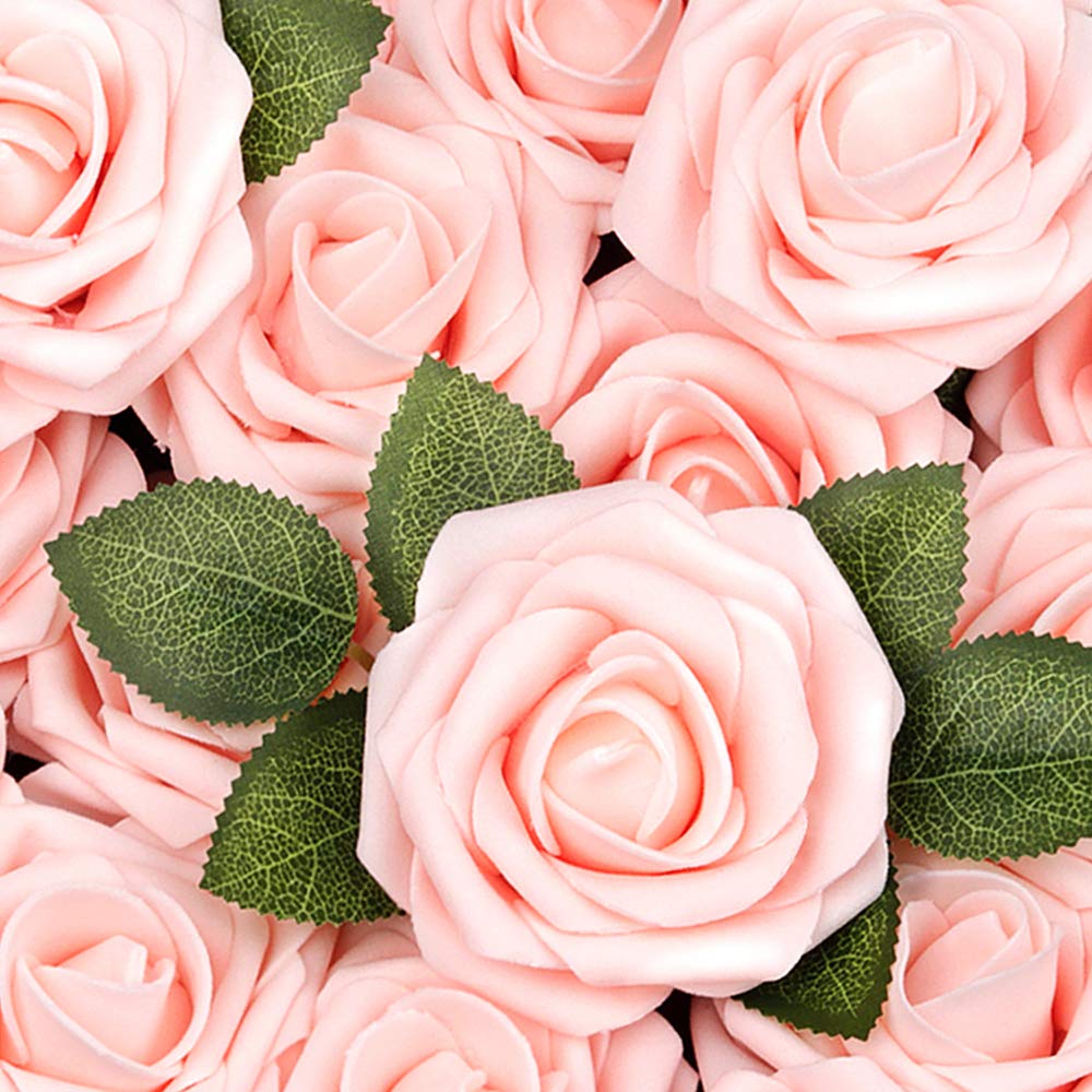 Mocoosy 50Pcs Artificial Roses Flowers, Blush Pink Roses Artificial Flowers Foam Fake Roses with Stem for Wedding Bridal Bouquets Party Centerpieces Artificial Flowers Crafts DIY Home Decoration