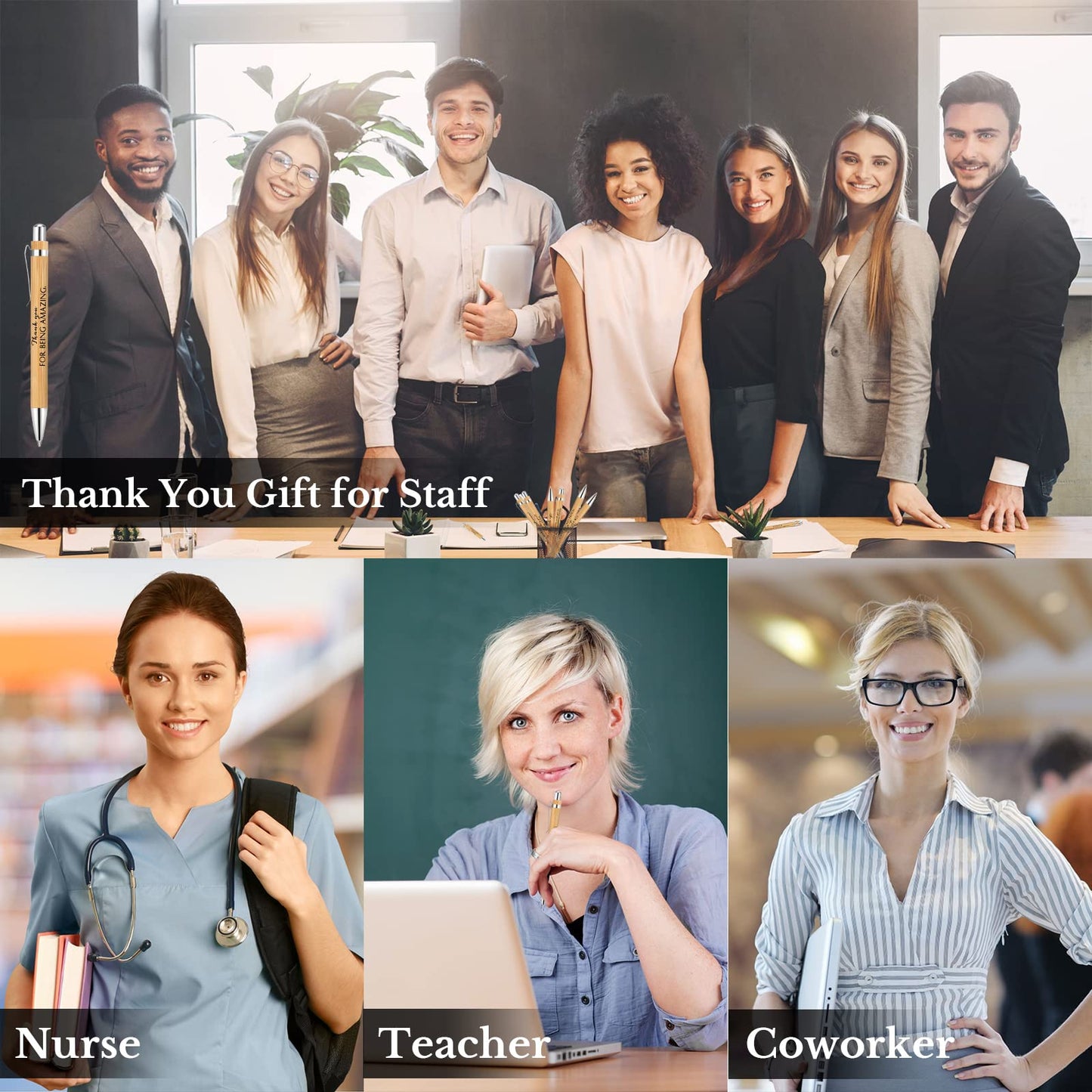 Fuutreo 100 Pcs Appreciation Gift Bulk Thank You Wood Pens Ballpoint Inspirational Bamboo Pens Motivational Gift for Women Men Assistant Teacher Nurses Office Staff Volunteer Coworker