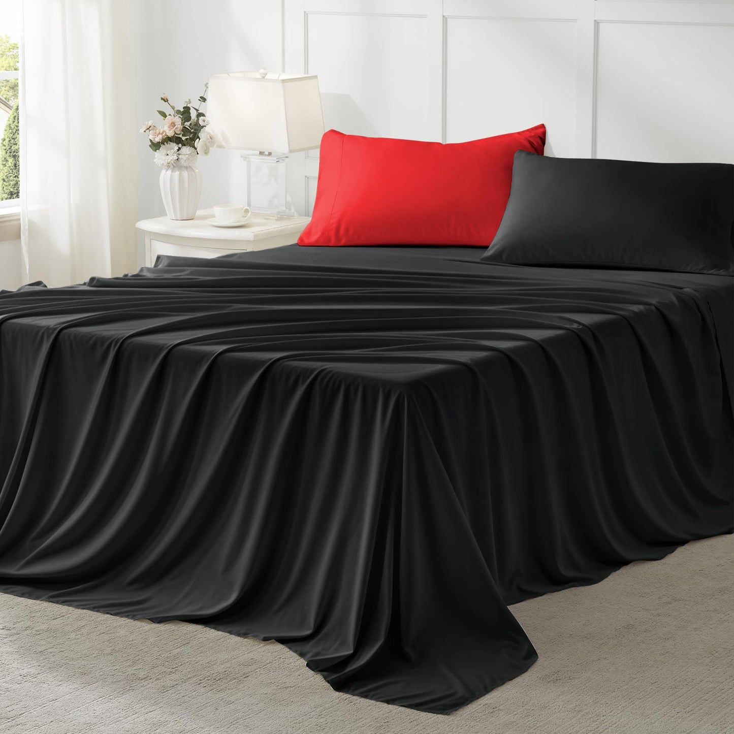 Anluoer Queen Comforter Set 7 Piece, Reversible Bed in a Bag Queen Size, Soft Bedding Set with Comforter(88"X88"), 2 Pillow Shams, 2 Pillowcases, 1 Flat Sheet, 1 Fitted Sheet, Red & Black