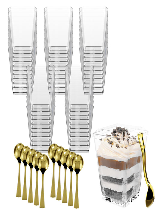 100 Pack 3 oz Mini Dessert Cups with Lids and Spoons (Gold Spoons) - Plastic Shooter Appetizer Parfait Cups with Lids Reusable - BPA Free Catering Supplies for Party - Dessert Serving Bowls