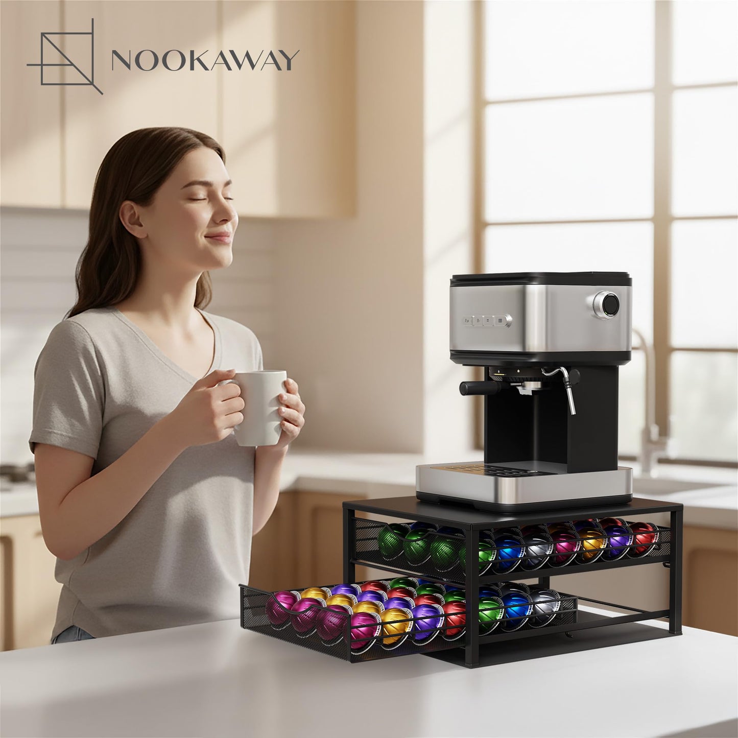 Nookaway Coffee Pod Holders Drawer - 2 Tier K-Cup Holder Drawer with 56 Pod Cap, Kcup Storage Nonslip Rubber Mat - Dual Sliding K Cup Organizer for Countertop, Nespresso Pods Holder for Home Office