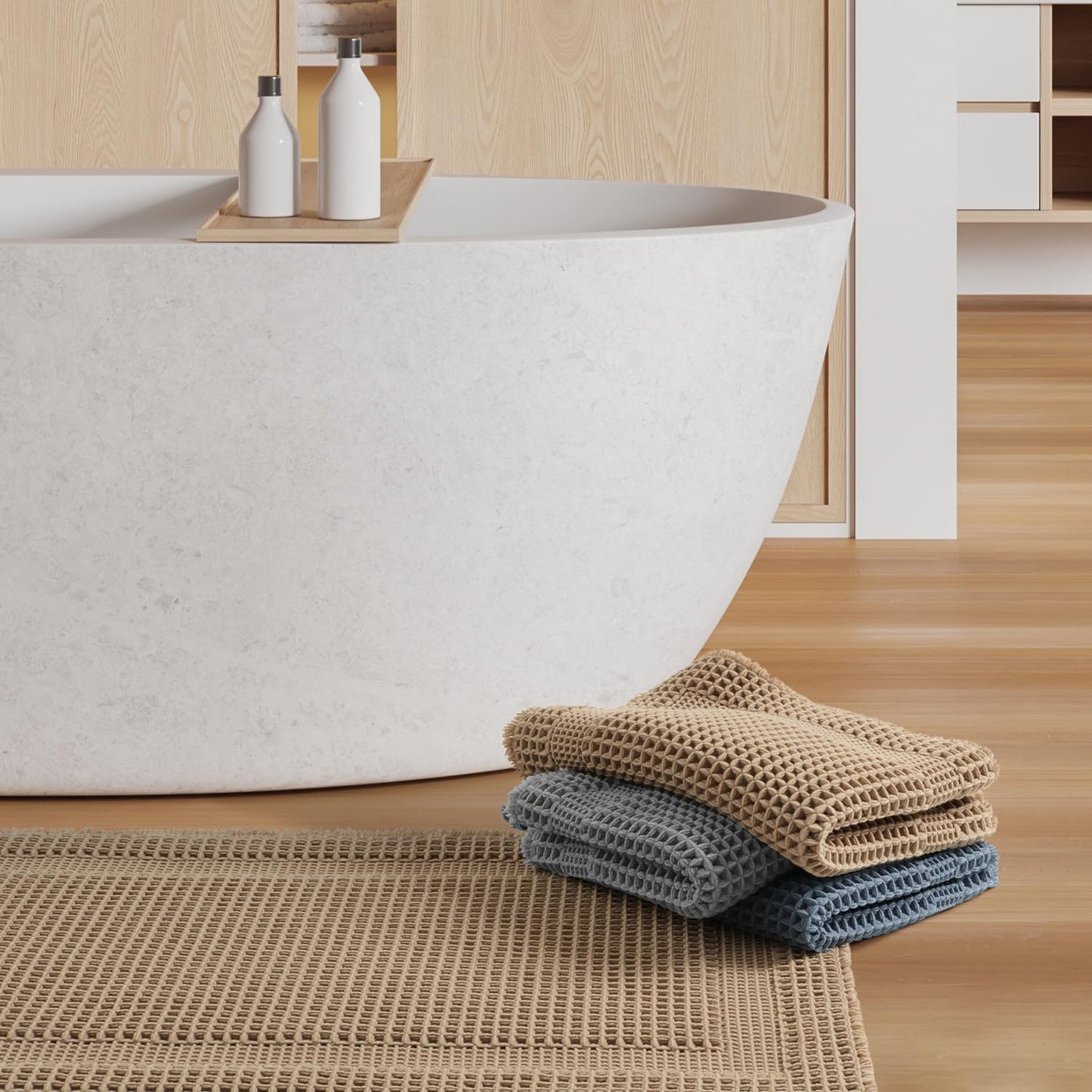 AMOAMI Waffle Bath-Mat, Absorbent Bath Mats for Bathroom Non Slip, Machine Washable Bathroom Rugs with Tassels Ultra Soft Boho Bath Rugs for Floor 2'x6'(24"x72") Beige