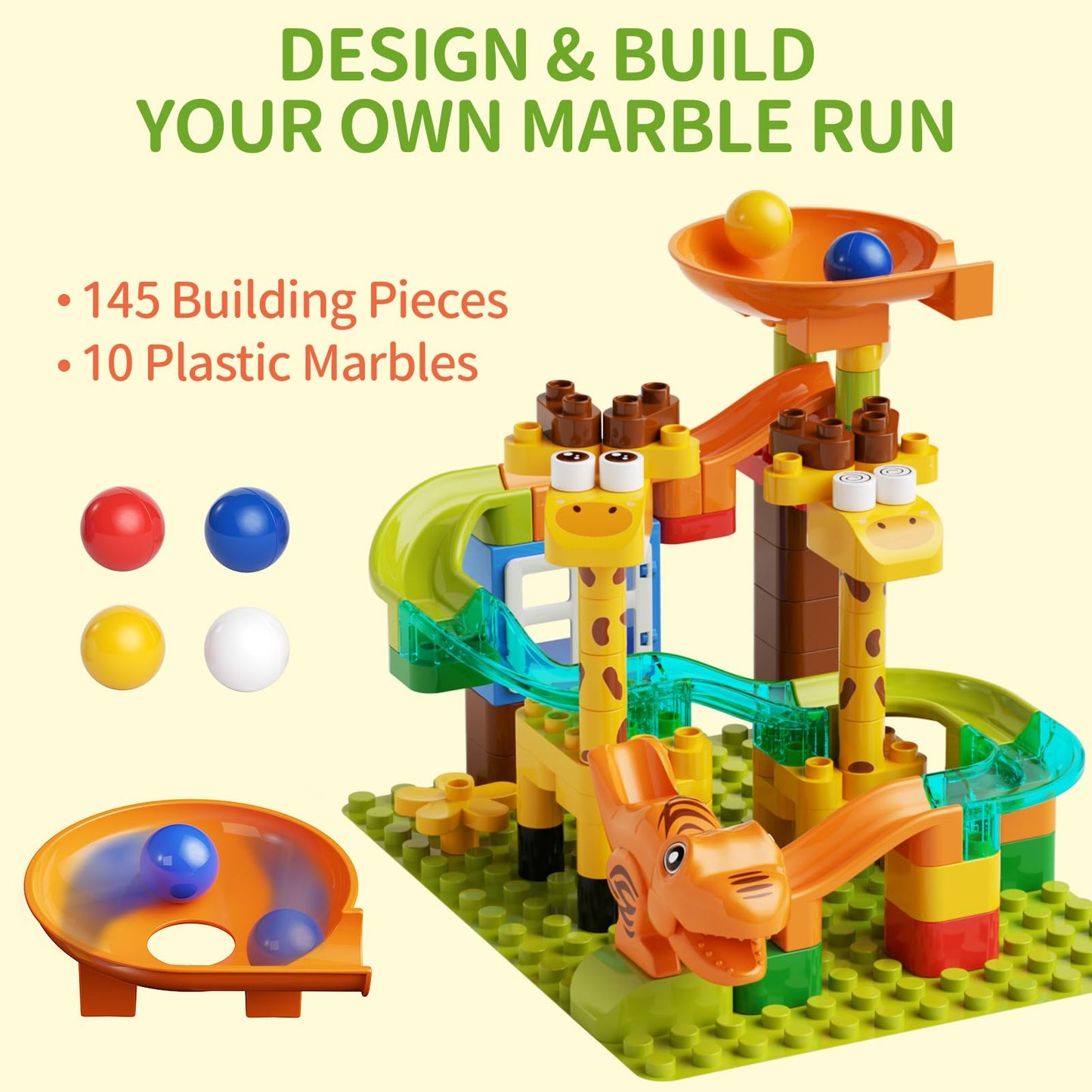 Marble Run for Kids Ages 4-8 145 PCS Dinosaur Giraffe Building Blocks with 10 Marbles Slide Dino Smooth Edges Design Works with Large Brick Toys STEM Track Toys Creative Gift for Boys Girls