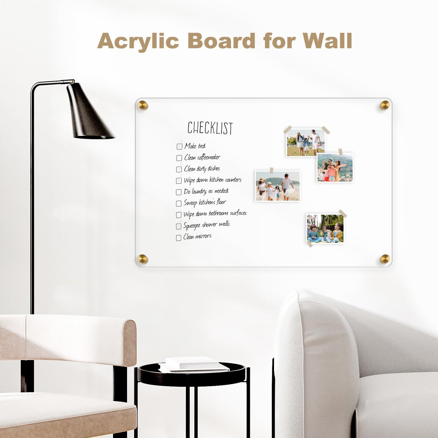 AMUSIGHT Large Clear Acrylic Dry Erase Board, 20" X 16" Golden Non-Magnetic Frameless Clear White Board for Wall, Erasable Acrylic Board for Wall, Home, Office, School, 2 Markers